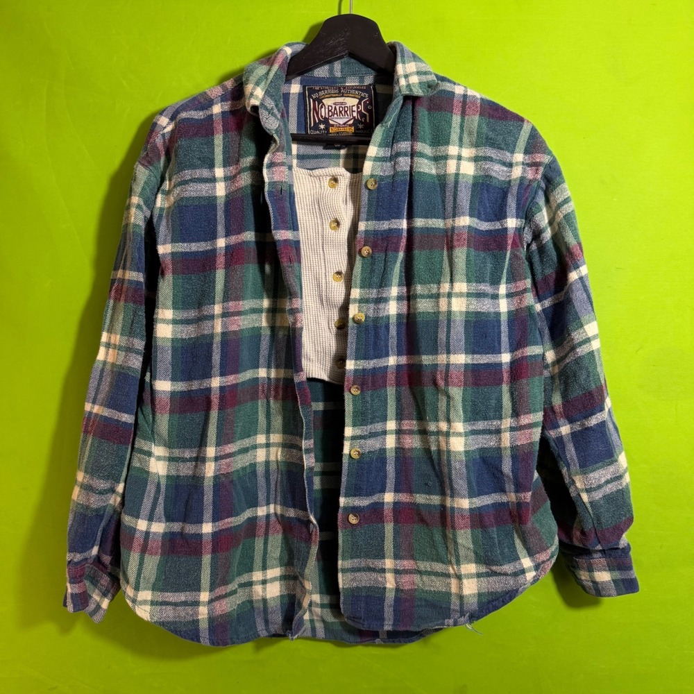 No Barriers Authentics Plaid Flannel Shirt Green Blue Burgundy Cotton Size M